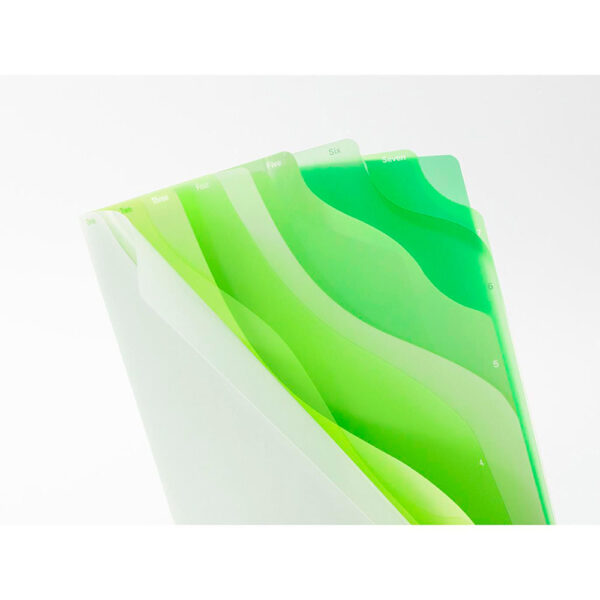 midori_capa_verde_04 Midori - Pasta Transparente A4 com 7 Bolsas – Gradiente Verde